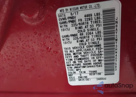 2017 Nissan Rogue Sl from USA, damaged, VIN JN8AT2MT3HW407593